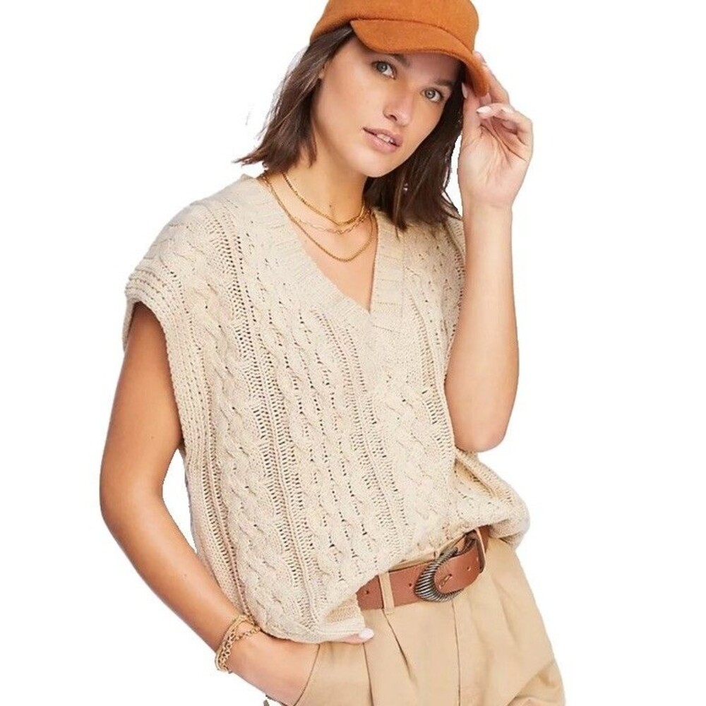 Anthropologie Lea & Viola Tan Cable Knit V-Neck Sweater Vest Beige XS Oversized